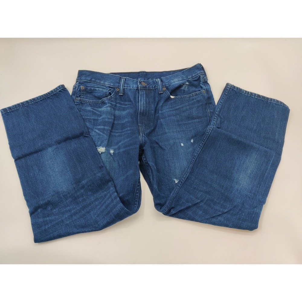 Levis 514 Straight Fit Jeans Mens 36x30 Dark Wash Blue Distressed Denim